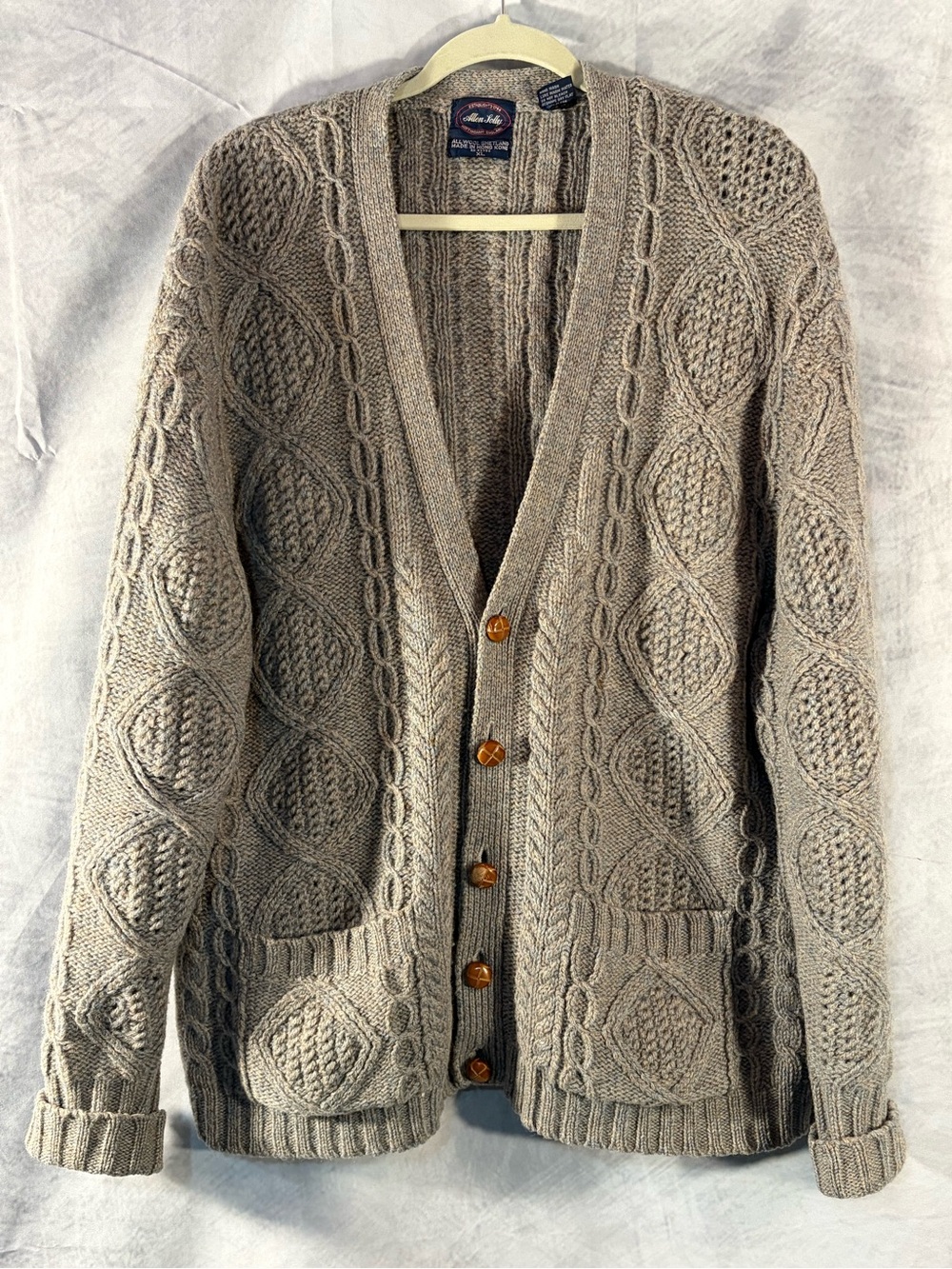Vintage Allen Solly All Wool Shetland Cable Knit Cardigan Sweater Men’s XL